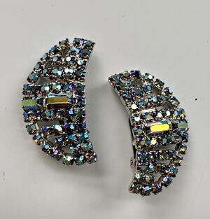VTG Rhinestone Earrings Clip-on Large Half Moon AB Aurora Borealis Dramatic